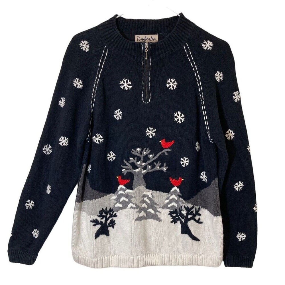 VTG TimberLea Womens Sweater M Christmas Cardinals Birds Snow 1/4 Zip Cotton